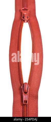 two sliders on plastic zip fastener close up isolated on white background Stock Photo