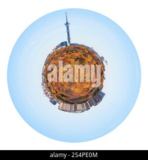 little planet - little planet with yellow autumn forest and urban houses and TV tower isolated on white background Stock Photo