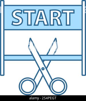 Scissors Cutting Tape Between Start Gate Icon. Thin Line With Blue Fill Design. Vector Illustration. Stock Vector