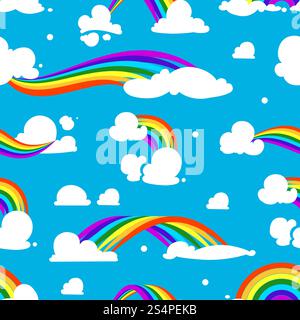 Seamless pattern with clouds and rainbow. Seamless background with rainbow colorful illustration. Seamless pattern with clouds and rainbow Stock Vector