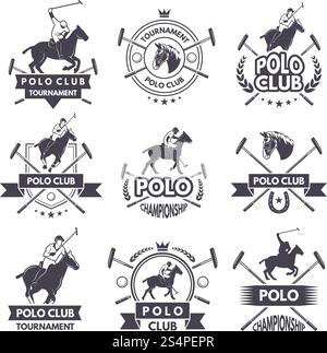Sport labels for polo games. Monochrome silhouette of jockey and horse. Polo sport competition game illustration. Sport labels for polo games. Monochrome silhouette of jockey and horse Stock Vector