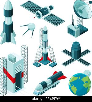 Isometric pictures of different tools and constructions for space center. Shuttle station and rocket satellite, spaceship technology. Vector illustration. Isometric pictures of different tools and constructions for space center Stock Vector
