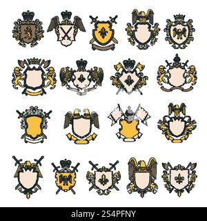Colored pictures set of heraldic elements. Vector shield with eagle and lion, royal heraldic majestic illustration. Colored pictures set of heraldic elements Stock Vector