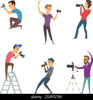 Photographers make photos. Set of funny characters isolate on white. Photographer character with camera, man photography professional. Vector illustration. Photographers make photos. Set of funny characters isolate on white Stock Vector