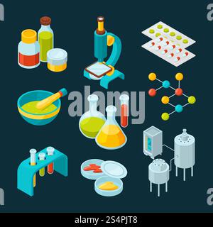 Isometric icons set of pharmaceutical industry and scientific theme. Chemistry isometric laboratory, scientific medicine elements. Vector illustration. Isometric icons set of pharmaceutical industry and scientific theme Stock Vector