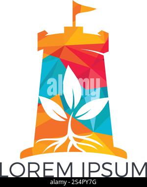 Vector castle and leaf logo combination. Tower and eco symbol or icon. Unique fortress and organic logotype design template. Stock Vector
