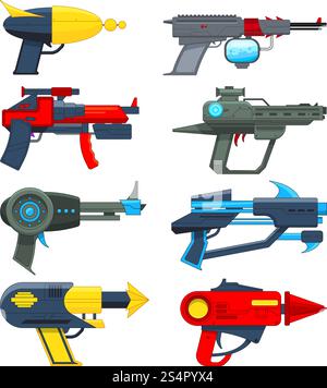 Different futuristic weapons. Shooting guns for video games. Gun pistol, weapon handgun futuristic lazer, vector illustration. Different futuristic weapons. Shooting guns for video games Stock Vector