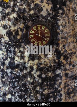 Old wall clock on wall with mold. Stock Photo