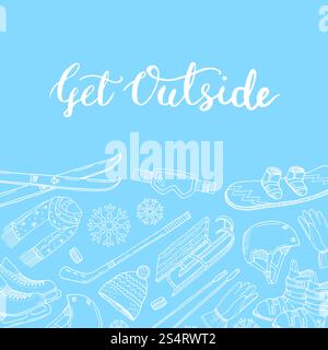 Vector hand drawn winter sports equipment and attributes contoured background with motivational lettering illustration. Vector hand drawn winter sports equipment Stock Vector