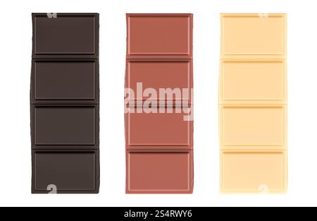 Chocolate bar pieces. Dark, milk and white chocolate, front view. 3D rendering isolated on white background Stock Photo