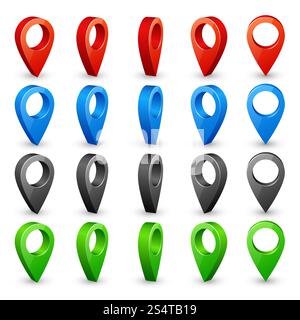 Color 3d map pins. Place location and destination icons. Navigation pin pointers vector symbols isolated on white background. Web marker for position, point pin illustration. Color 3d map pins. Place location and destination icons. Navigation pin pointers vector symbols isolated on white background Stock Vector