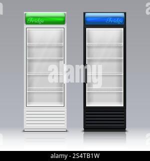 Modern commercial display fridge. Supermarket freezer equipment for drinks vector template. Refrigerator equipment for supermarket, appliance freeze for beverage and food illustration. Modern commercial display fridge. Supermarket freezer equipment for drinks vector template Stock Vector