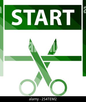Scissors Cutting Tape Between Start Gate Icon. Flat Color Ladder Design. Vector Illustration. Stock Vector