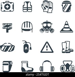 Industrial security, occupational safety work and healthcare. Protective clothing and equipmen vector icons isolated. Protection equipment and clothing, glove respirator and headgear illustration. Industrial security, occupational safety work and healthcare. Protective clothing and equipmen vector icons isolated Stock Vector