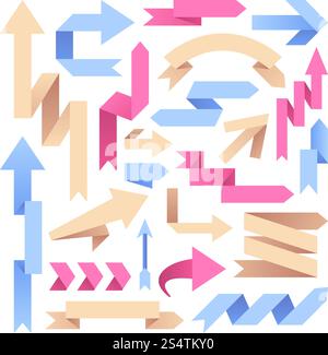 Arrow paper ribbons. Retro origami arrows. Color arrowheads infographic vector elements. Origami arrow paper, geometric trendy arrows illustration. Arrow paper ribbons. Retro origami arrows. Color arrowheads infographic vector elements Stock Vector