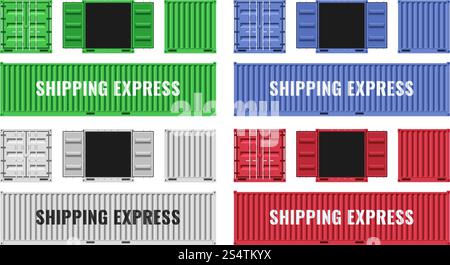 Red, blue, white and green shipping cargo metal containers. Customs port logistics vector icons. Cargo freight, shipping industrial box illustration. Red, blue, white and green shipping cargo metal containers. Customs port logistics vector icons Stock Vector