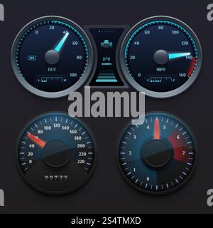 Realistic car dashboard speedometers with dial meter. Rapid symbols vector set. Illustration of dashboard with speedometer panel. Realistic car dashboard speedometers with dial meter. Rapid symbols vector set Stock Vector