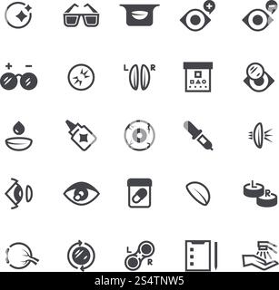 Eye problems, optical contact lens and eyeglasses icons. Eyeball laser surgery vector medical symbols. Eye vision, medical eyesight illustration. Eye problems, optical contact lens and eyeglasses icons. Eyeball laser surgery vector medical symbols Stock Vector