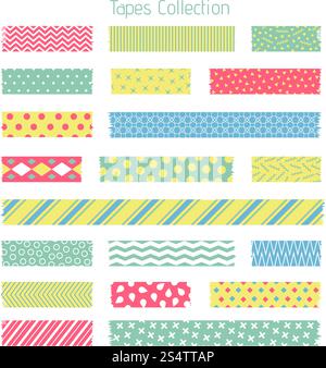 Scotch with trendy geometric pattern. Adhesive tape for scrapbook vector set. Sticker patterned, trendy polka stripe illustration. Scotch with trendy geometric pattern. Adhesive tape for scrapbook vector set Stock Vector