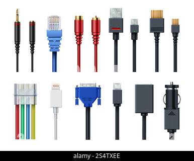 Cable wire computer video, audio, usb, hdmi, network and electric conectors and plugs vector set isolated. Socket and wire, connector usb and audio. Vector illustration. Cable wire computer video, audio, usb, hdmi, network and electric conectors and plugs vector set isolated Stock Vector