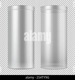 Realistic 3d empty transparent glass jar and and white can with lid. Package for food, cookies and gifts vector template isolated. Container object design isolated on translucent illustration. Realistic 3d empty transparent glass jar and and white can with lid. Package for food, cookies and gifts vector template isolated Stock Vector