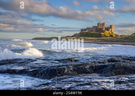 Bamburgh Beach with the castle in the background, Northumberland AONB, England Stock Photo