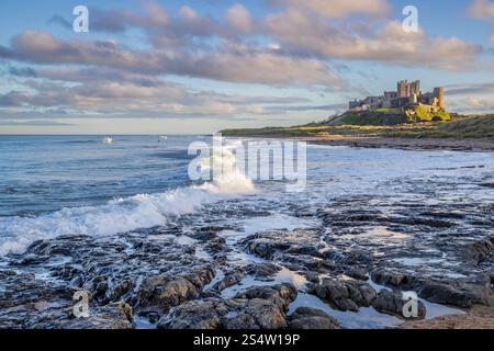Bamburgh Beach with the castle in the background, Northumberland AONB, England Stock Photo