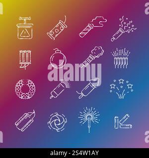 Fireworks, pyrotechnic chalk drawing icons on colorful background. Vector illustration. Fireworks, pyrotechnic icons Stock Vector