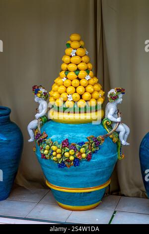 Ceramic souvenirs with a lemon motif in a tourist shop in Anacapri on the island of Capri, Italy. Stock Photo