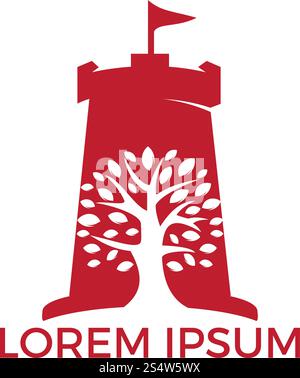 Vector castle and tree logo combination. Tower and eco symbol or icon. Unique fortress and organic logotype design template. Stock Vector