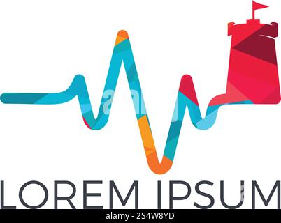 Vector castle and heartbeat logo combination. Tower and health symbol or icon. Unique fortress and organic logotype design template. Stock Vector