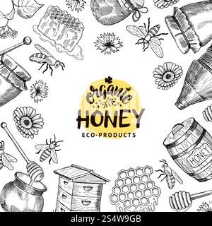 Vector banner and poster background with sketched honey elements illustration. Vector background with sketched honey elements Stock Vector