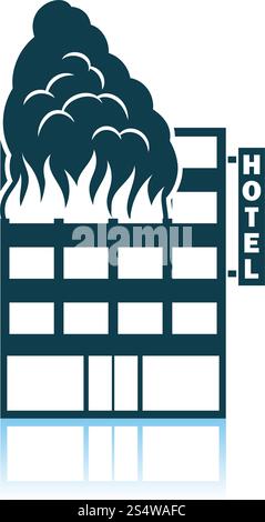 Hotel Building In Fire Icon. Shadow Reflection Design. Vector Illustration. Stock Vector