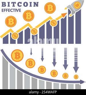 The rise and fall of bitcoin on exchange of cryptocurrency. Money currency bitcoin, exchange rise finance, vector illustration. The rise and fall of bitcoin on exchange of cryptocurrency Stock Vector