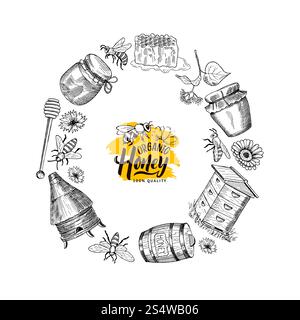 Vector hand drawn honey elements in circle form with place for text in center isolated on white illustration. Vector hand drawn honey elements in circle form Stock Vector