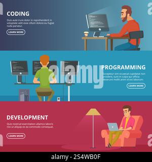 Horizontal banners with illustrations of designers and programmers. Vector programmer man with computer in office vector. Horizontal banners with illustrations of designers and programmers Stock Vector