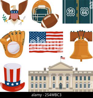 Usa landmarks and other different cultural objects. Usa culture american, famous architecture building and flag. Vector illustration. Usa landmarks and other different cultural objects Stock Vector