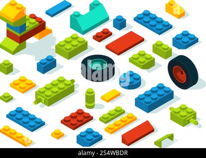 Plastic constructor isometric bricks isolate on white. Vector toy plastic cube, structure construction brick illustration. Plastic constructor isometric bricks isolate on white Stock Vector