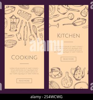 Vector vertical web banners of set illustration with hand drawn kitchen utensils. Vector banners illustration with hand drawn kitchen utensils Stock Vector