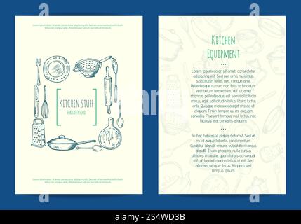 Vector card, flyer or brochure of set template for kitchen accessories shop or cooking classes with hand drawn kitchen utensils illustration. Vector card, flyer or brochure template for kitchen Stock Vector
