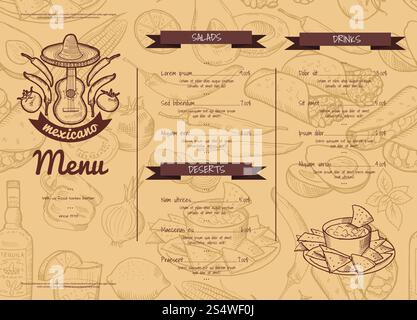 Vector horizontal restaurant or cafe template with sketched mexican food elements. Illustration of restaurant dinner food, mexican menu lunch. Vector horizontal restaurant or cafe template with sketched mexican food elements Stock Vector