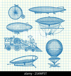 Vector set of steampunk hand drawn dirigibles, bicycles and cars on cell sheet illustration. Dirigible transport and air balloon vintage. Vector set of steampunk hand drawn dirigibles, bicycles and cars on cell sheet illustration Stock Vector
