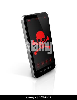 3D smart phone with a pirate symbol on screen. Hacking concept. smart phone with a pirate symbol on screen. Hacking concept Stock Photo