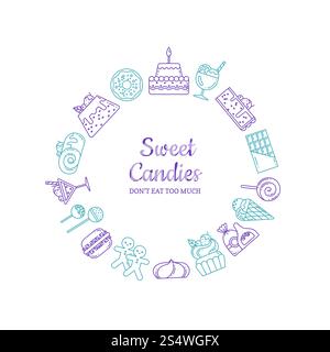 Vector linear style sweets icons in form of circle with place for text in center illustration. Vector linear style sweets icons Stock Vector