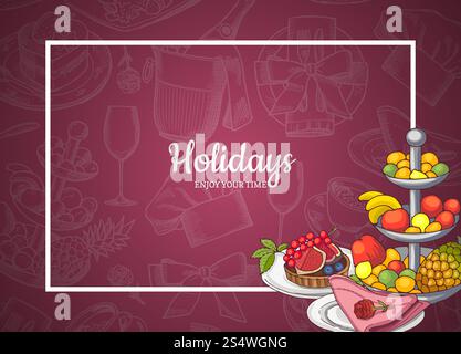 Vector frame with food plates in corner on background of hand drawn restaurant or room service elements with place for text illustration. Vector frame with food plates on background of hand drawn restaurant Stock Vector