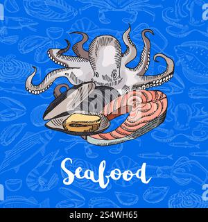 Vector hand drawn colored seafood elements composition on dark gradient background with lettering for seafood store or restaurant illustration. Vector hand drawn colored seafood elements lettering Stock Vector