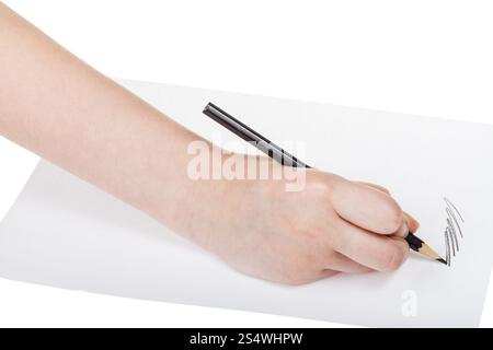 hand writes by black pencil on sheet of paper isolated on white ...