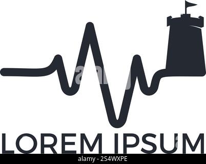 Vector castle and heartbeat logo combination. Tower and health symbol or icon. Unique fortress and organic logotype design template. Stock Vector