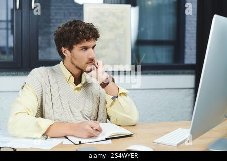Curly-haired young man in a sweater vest focuses on a computer while taking notes at work. Stock Photo