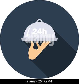 24 Hour Room Service Icon. Flat Circle Stencil Design With Long Shadow. Vector Illustration. Stock Vector